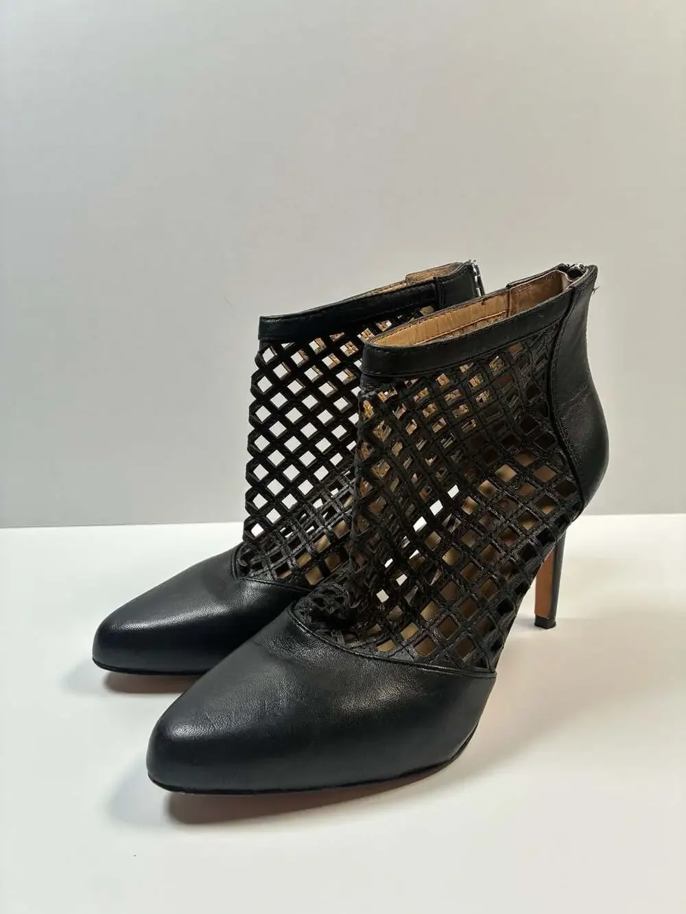 Antonio Melani Mena Black Leather Lattice Cutout Ankle Booties